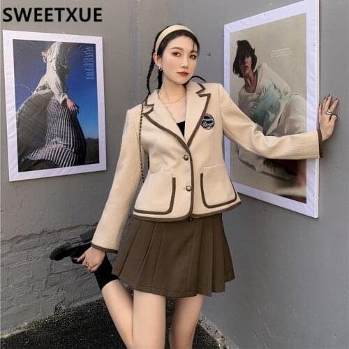 SWEETXUE Female 2021 Preppy Style Woolen Suit Jacket Spring Autumn Fashion 2-Piece Suit Temperament Outfits Ladies