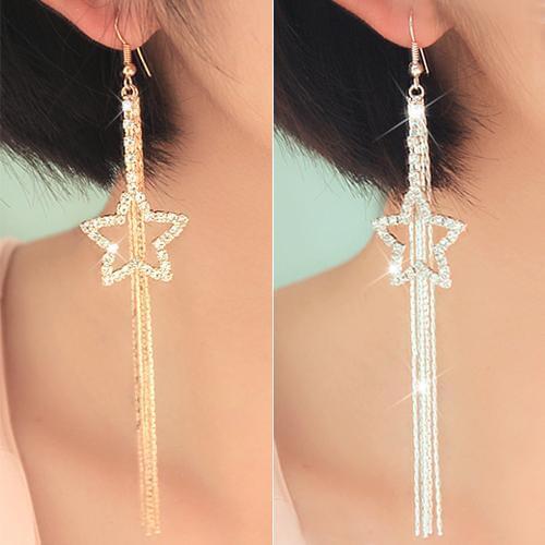 HOT SALES！！！New Arrival Womens Rhinestone Pentacle Star Drop Long Tassels Chain Hook Dangle Linear Earrings Wholesale Dropship