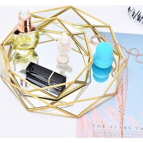 Golden Stroke Glass Storage Tray Nordic Alloy Mirror Cosmetic Jewelry Organizer Trays Home Decor Creative Geometric Ornaments