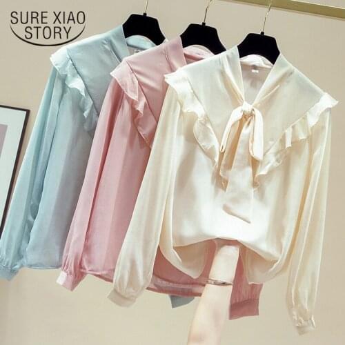 Fashion Korean Long Sleeve Shirt Women Bow Elegant Ruffles Vintage Chiffon Blouse Office Blouses Women Casual Blusas Mujer 11594