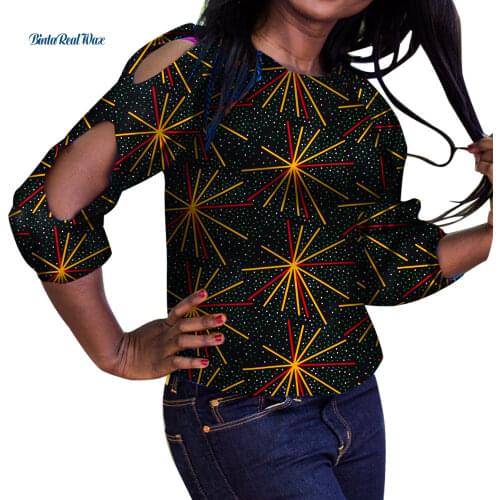 Fashion Women Shirt Hollow Sleeve Shirt African Wax Print Shirts for Women Traditional African Style Clothing WY3406