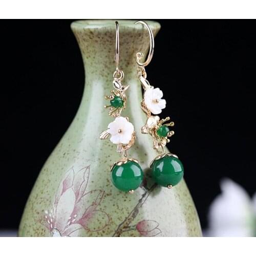 New ethnic vintage style earrings for girls, temperament long personality ins green stones earrings, high quality jewelry