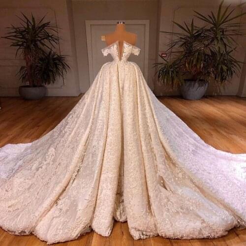 Charming Lace Off The Shoulder Wedding Dresses Pearls Beaded A Line Bridal Gowns Lace Up Back Sweep Train Vestido De Novia