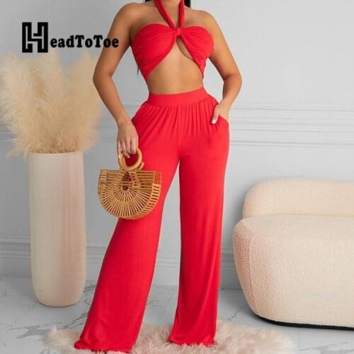 Solid Lace Up Fashion Sexy 2 Piece Set Women Sleeveless Pleated Wide Leg Navel Two Piece Set Women
