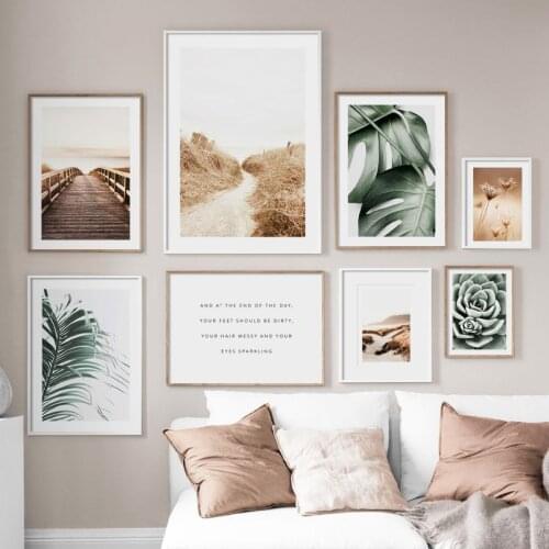 Beach Sand Dunes Grass Bridge Green Monstera Cactus Nordic Poster Wall Art Print Canvas Painting Decor Pictures For Living Room