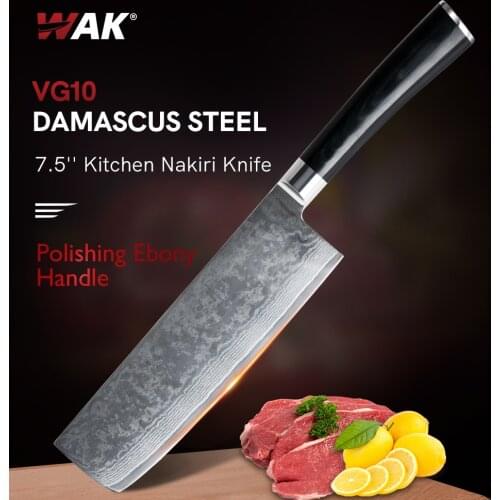 WAK Porfessional Kitchen Nakiri Knife Japanese Cutting Knives Sharp VG10 Blade Luxury Ebony Wood Handle Kitchen Damascus Knives