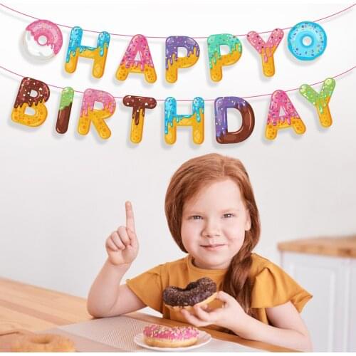 Girls Pink Sweet Donuts Grow Up Theme Party Design Paper HAPPY BIRTHDAY Party Hanging Banners Flags Candy Donuts Hanging Bunting