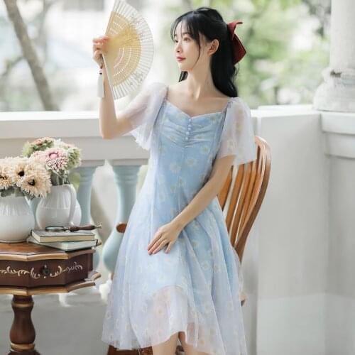 Daisy Print Net Yarn Fairy Dress French Summer Lotus Leaf Sleeve Fashion Elegant Square Collar Blue Gentle Dress Vestidos