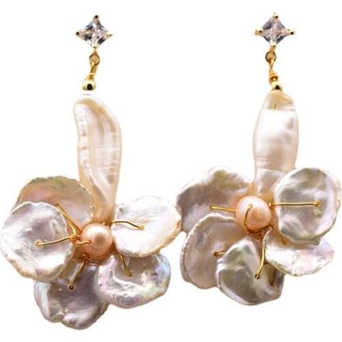 925 silver inlaid zirconium earrings natural baroque pearl flower earrings