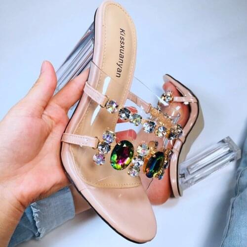 Summer Fashion Crystal Diamond Slides Clear PVC Transparent Slippers Women Shoes Peep Toe High Heels Mules Dress Pumps