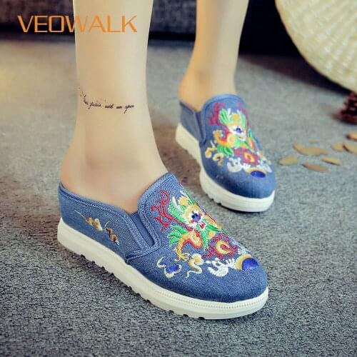 Veowalk Flower Embroidered Womens Slip-on Slides Slipper Summer Ladies Casual Cotton Flat Platforms Sandal Shoes Zapatos Mujer