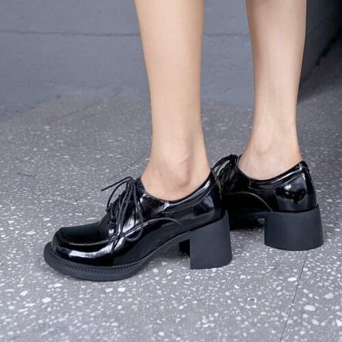 MEZEREON Patent Leather Lace-Up Simple Shoes Fashion Square Heel Pumps Round Toe Girls Footwear For Spring Med Height 5.5 CM