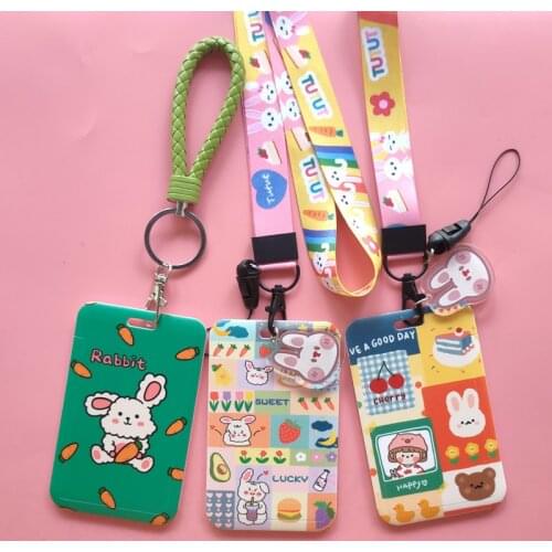 Animal rabbit ID Badge Card Holder Girls Women Business Card Case Cover with Neck Lanyard Coin Purse Key chain Gifts Pendants
