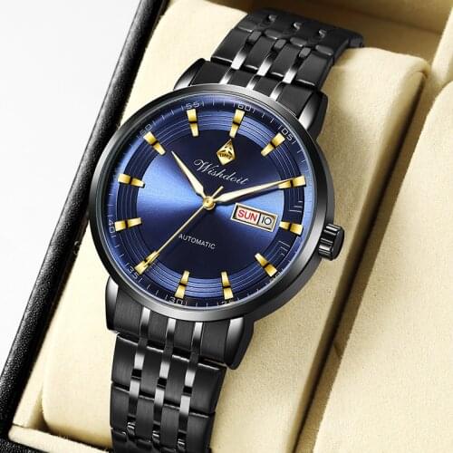 WISHDOIT Brand Luxury Watch Mens Automatic Mechanical Watch Black Stainless Steel Waterproof Business Sport Wristwatch men