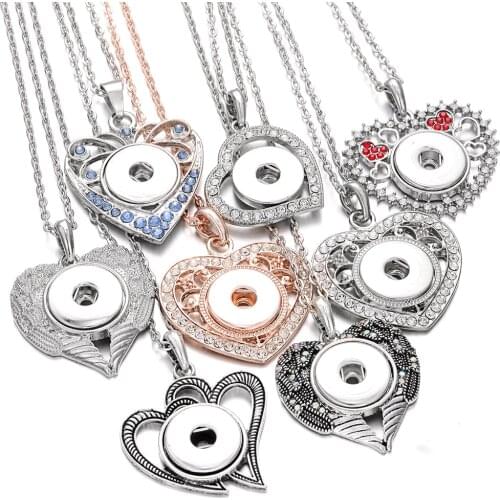 New Snap Button Jewelry Necklace Rhinestone Crystal Love Heart Snap Button Necklace Fit 20mm 18mm Snap Buttons Pendant Necklace