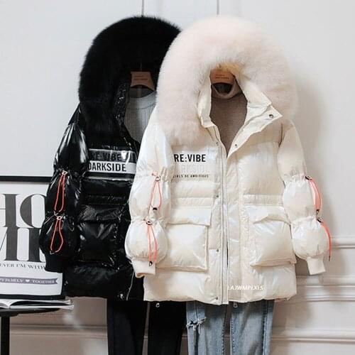Glossy Winter Down Parkas Women 90% White Duck Down Large Real Natural Fox Fur Collar Hooded Jacket Warm Thickness Snow Outwear