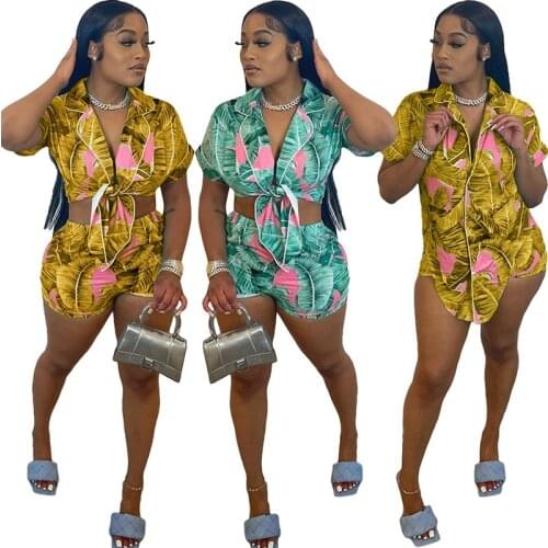 Floral Printed Women Two Piece Tracksuit Short Sleeve Turn Down Collar Irregular Bandage Top And Biker Shorts Casual Outfits