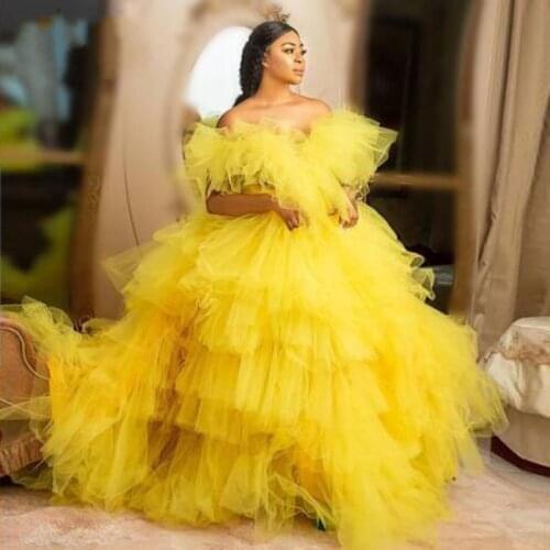 Puffy Formal Dresses Long Tulle Evening Party Dress Plus Size robe de soiree Yellow Custom Made Party Gowns Tiered Elegant