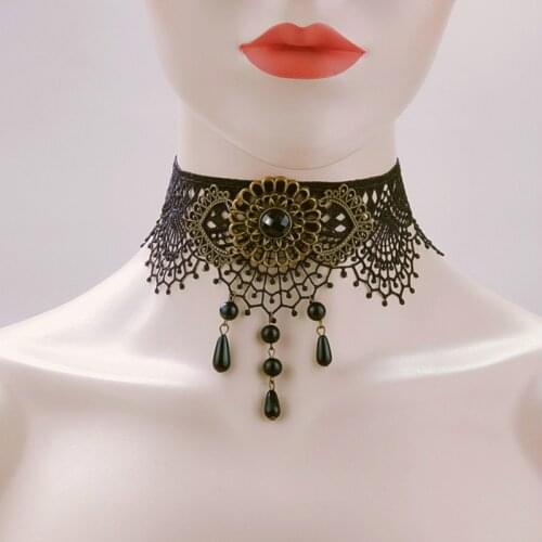 Necklace Lady Necklace Black Lace Retro Alloy Pearl Necklace Female Court Gothic Punk Halloween Jewelry