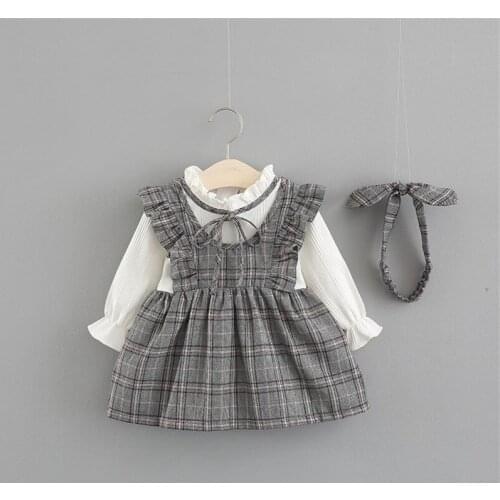 Baby Girls Toddler Girls Cute College Style Plaid Long Sleeve Ruffle Bow Dress Little Lady Fluffy Princess Dress with Headband