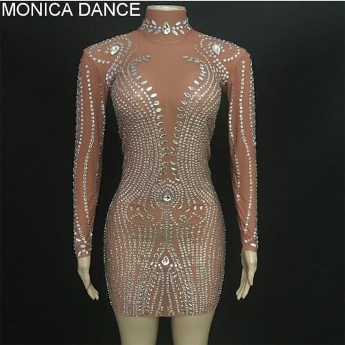 Women Sexy Stage Silver Rhinestone Transparent Dress Evening Dance Show Wear Wedding Birthday Celebrate Mesh Costume Short Dress