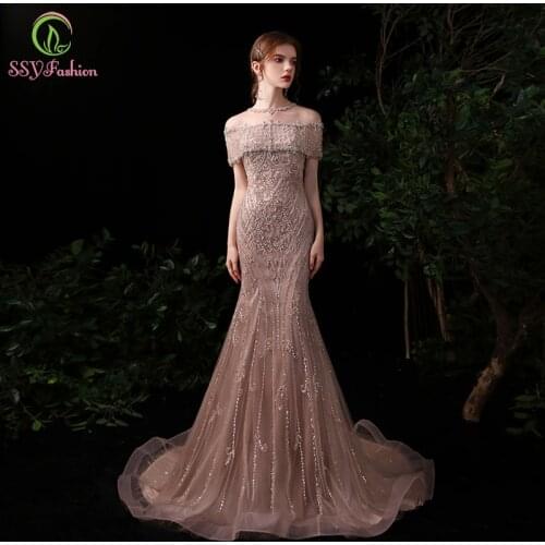 SSYFashion New Luxury Mermaid Long Evening Dress for Women High-end Sequins Beading Sexy Fishtail Prom Gowns Vestidos De Noche