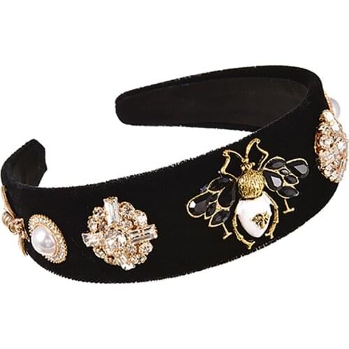 ZHINI Simulated Pearl Bumble Bee Headbands Womens Hair Accessories Baroque Vintage Crystal Hairband Wedding Fashion Jewelry