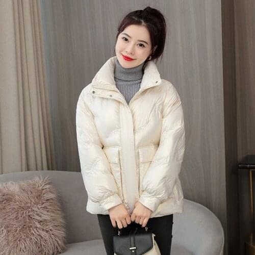 Beardon Winter Women Short Glossy Embroidery Parkas Jacket Thick Stand Collar Cotton Loose Casual Jacket 2021 New