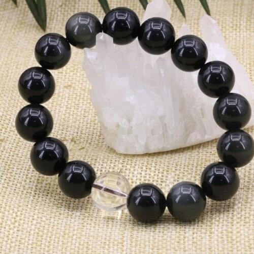 3 style 12mm natural stone beads bracelet round black obsidian green yellow tiger eyes crystal diy bangle jewelry 7.5inch B3163
