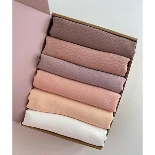 5pcs/box Muslim Plain Crepe Hijab Heavy Chiffon Scarf Soft Shawls Crinkle Wraps Headband Customize Gift Box Foulard