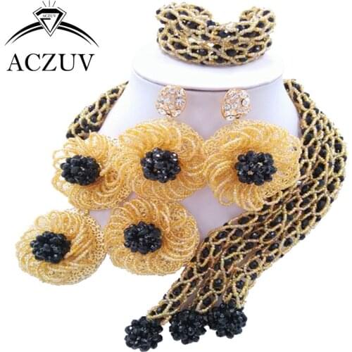 ACZUV Latest Black Gold AB Crystal African Traditional Beads Nigerian Necklace Wedding Jewelry Sets C3F004