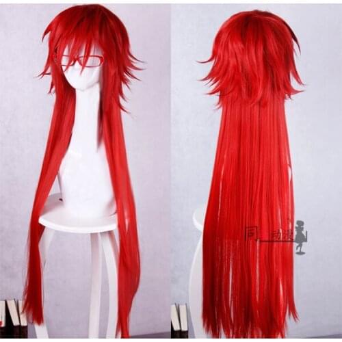 Anime Black Butler Grell Sutcliff Cosplay Wig 100cm Long Bright Red Heat Resistant Costume Wig + Red Glasses+ Wig Cap