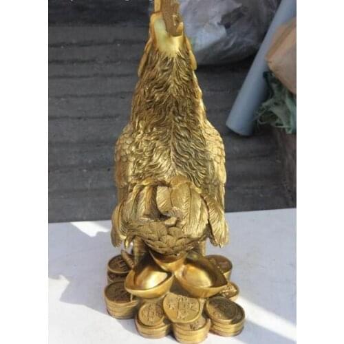 China Brass Copper Yuanbao Money Lucky Year Zodiac Mascot Chicken Rooster Statue