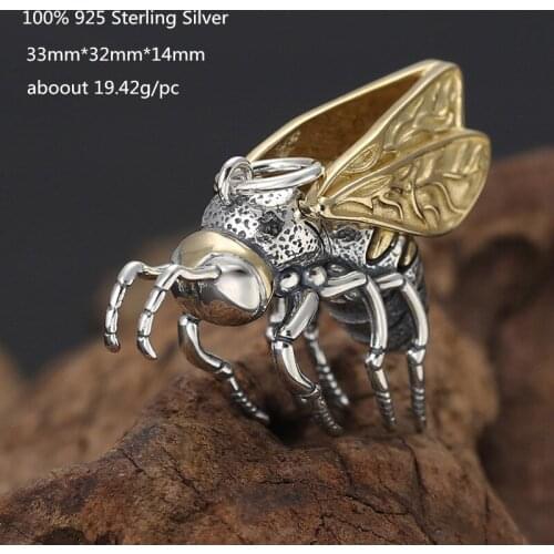 Buyee Real 925 Sterling Silver Unique Golden Pendants Necklace Men Vivid Gig Bee Pendants for Men Women Rock Punk Jewelry Fine