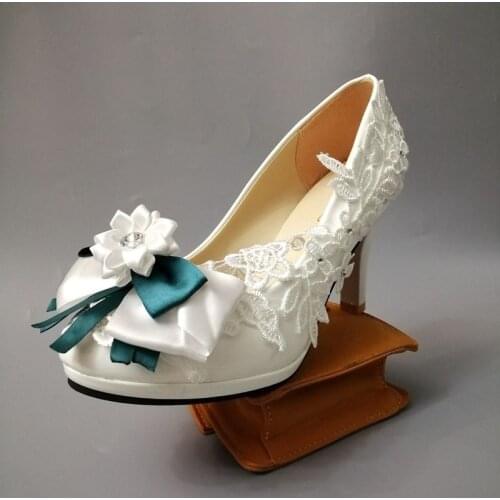 9CM high heels white green bow bridal wedding lace pumps shoes for woman plus size 41 42 ladies flower girl party pumps white