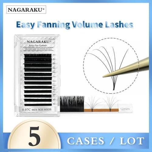 NAGARAKU 5 Cases Lot Easy Fanning Auto Fans Eyelash Extension Fast Bloom Flowering Mega Volume Lashes Pre-bonded Eyelash