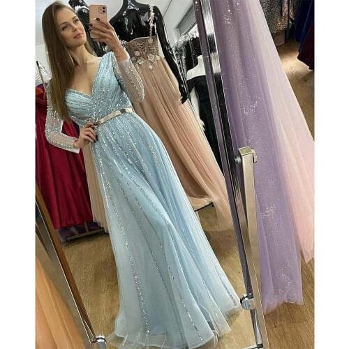 New Sky Blue Long Sleeve Beaded Evening Party Gown V Neck Tulle Sequined Backless Formal Women Dresses
