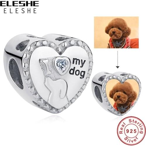 Personalized Custom Photo Heart Charm 925 Sterling Silver Pet Dog Bead Charms Fit Original Bracelet DIY Jewelry Making