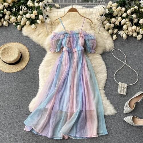 Neploe Rainbow Gradient Color Mesh Mid-length Dress Women Slash Neck Holiday Fairy Vestido De Mujer Camisole Short Sleeve Robe