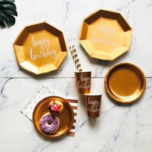 Rose Gold Party Disposable Tableware Set Paper Cups Plates Straws Cake Stand Table Decoration Wedding Birthday Party Supplies