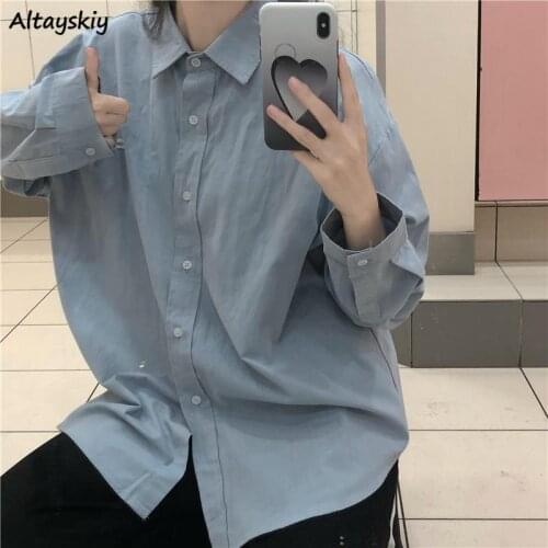 Shirts Women Casual Korean Solid Popular All-match Top Long Sleeve Ins Spring Soft Lady New Turn-down Collar Loose Simple Preppy