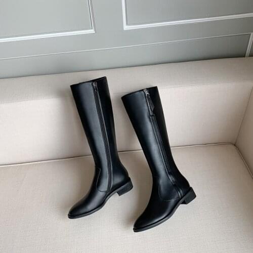 Round Toe Knee High Boots 2021 Winter Newest Genuine Leather Shoes Woman Heels Party Basic Thick Heels Winter Boots