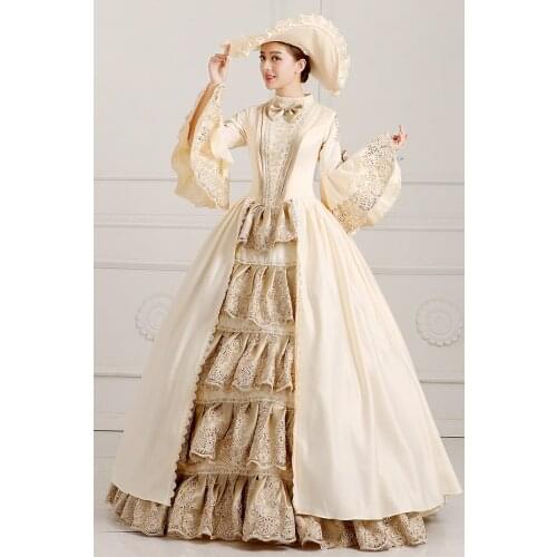 Champange embroidery ruffled ball gown with hat medieval dress Renaissance Gown queen Victorian cosplay ball gown Belle Ball