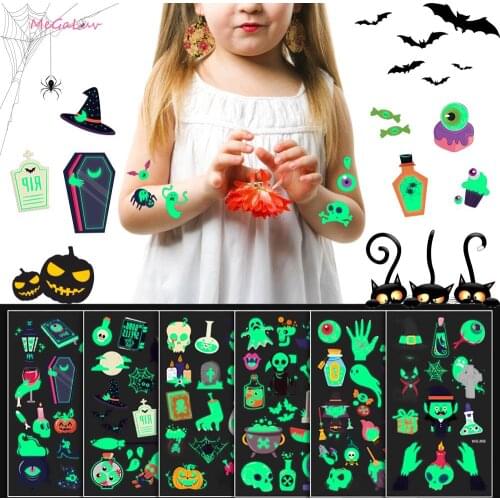 New Style Luminous Cartoon Ghost Pumpkin Witch Tattoo Stickers Halloween Party Children Temporary Waterproof Disposable Sticker