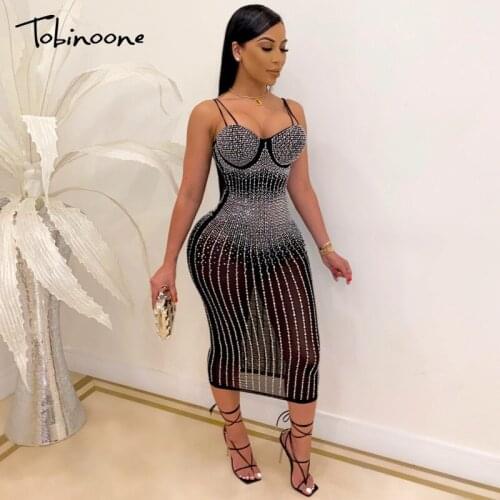 Tobinoone Hot Diamonds Sexy Party Dress Women Spaghetti Strap Backless Mesh Midi Dresses Female Autumn Bodycon Dress Clubwear