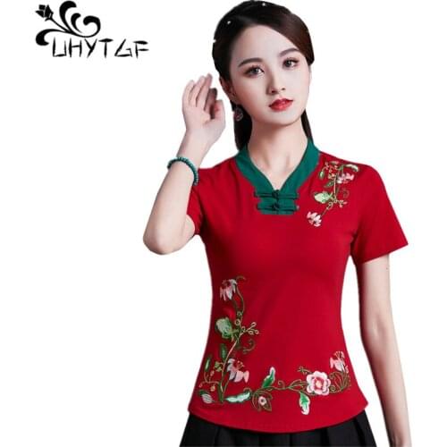 UHYTGF 6XLOversized T-Shirt Women Fashion Embroidered Short Sleeves Slim Summer Tops Female Vintage Buttons Elegant T-Shirt 1691