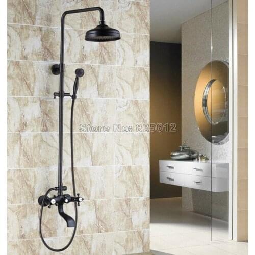 Bathroom Wall Mounted Black Oil Rubbed Bronze Dual Cross Handles Rain Shower Faucet Set Bath Tub Mixer Tap Whg101