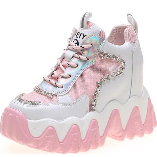 Womens Mesh Sneakers Rhinestones Wedge Hidden High Heel Shoes Lace Up Breathable Platform Summer 3Colors New 2022