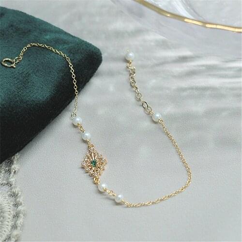 Elegant Natural Peral Green Rhombus Bling Micro Inlaid Zircon 925 Silver Chain Bracelet for Women Adjustable Bangles Feminia