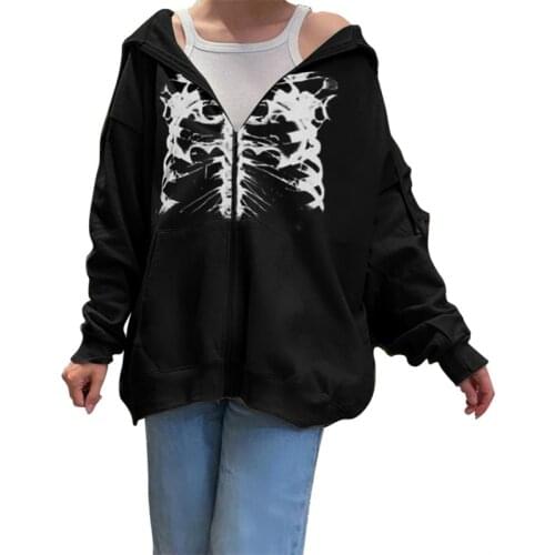 2021 Hip Hop Women Hooded Sweatershirt Skeleton Print Long Sleeve Cardigan with Drawstring Pocket Autumn Loose Gothic Tops
